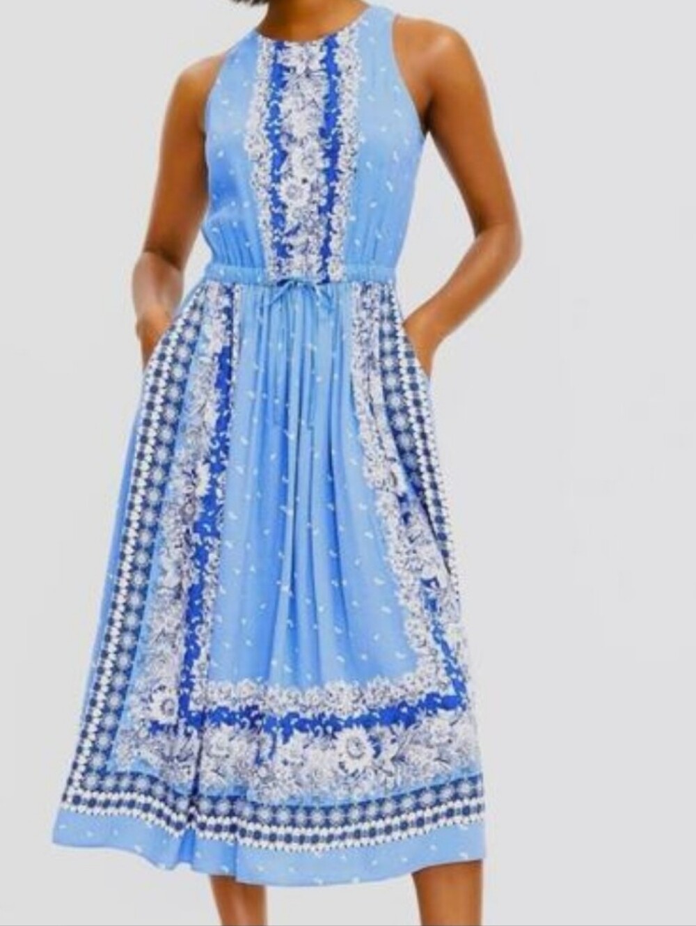 Loft Border Bandanna Print Midi Dress Blue Boho Chic Mediterranean Coastal S